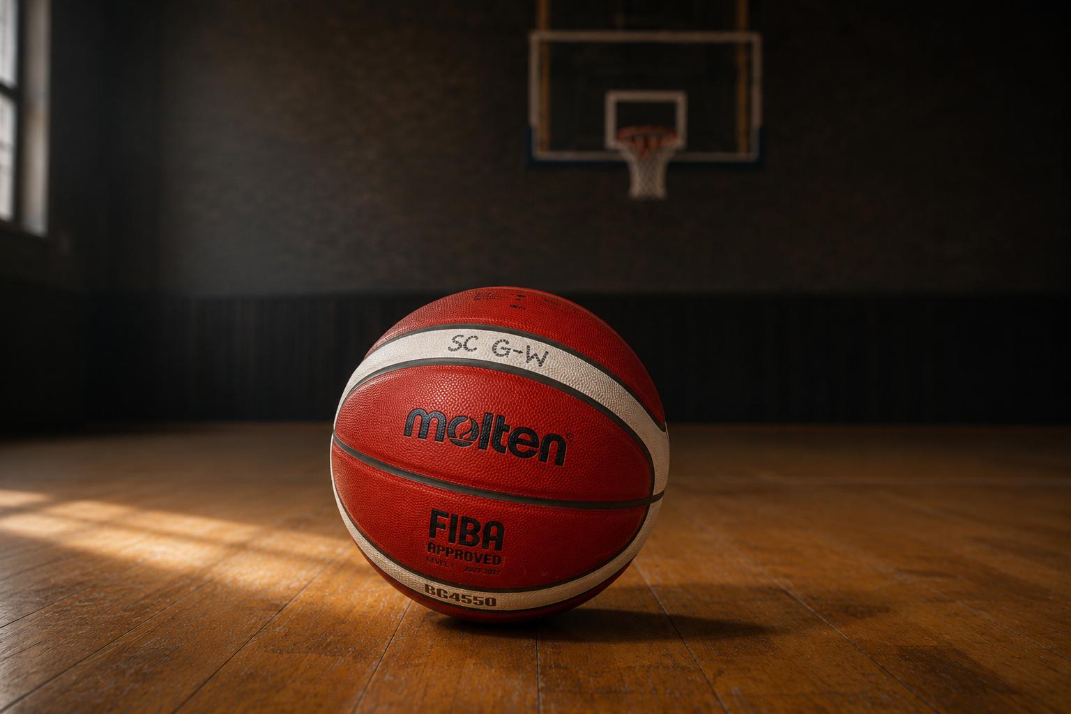 Basketball auf dem Holzboden der Halle